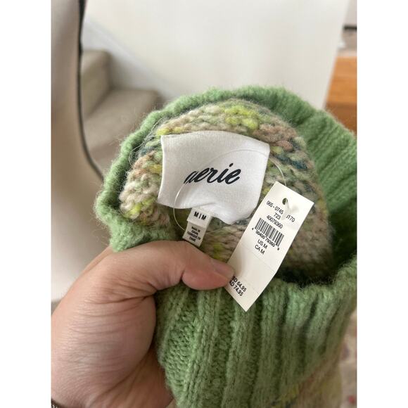 NWT Aerie Green Cream Blouson Ribbed Hem Turtleneck Oversize Sweater - Picture 5 of 6